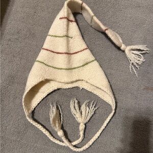 J.Crew Cream Wool Knit Hat with Red and Green Stripe Detail One Size